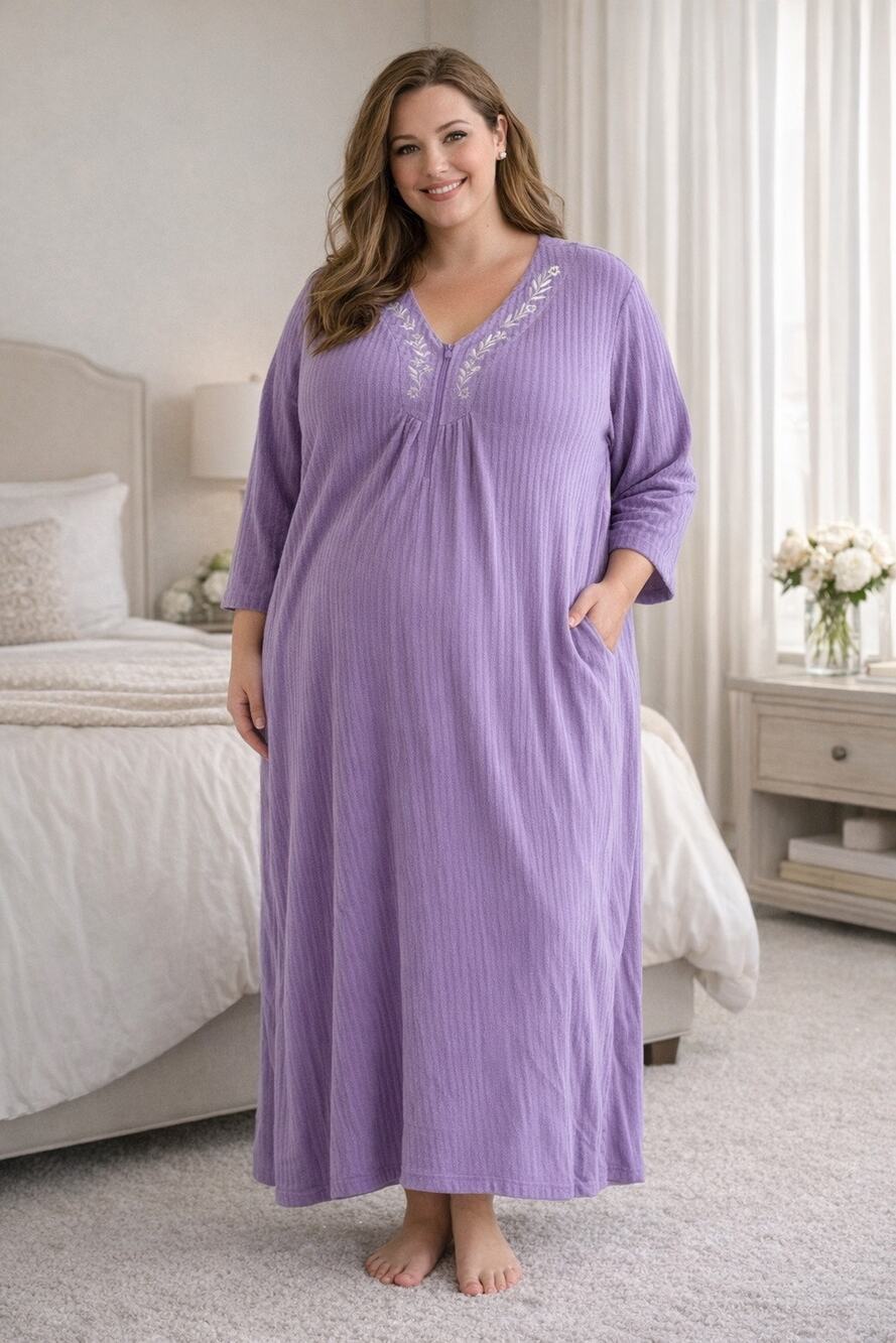 Dreams & Co. Plus Size 1x Long Lavender Purple Terry Zip Robe 3/4 Sleeve New